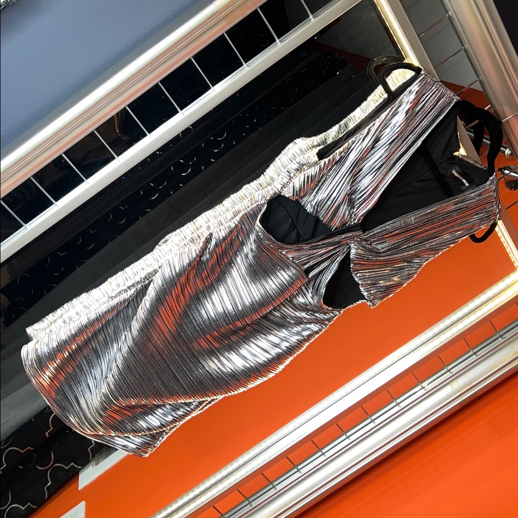 Metallic Pleated Cocktail Dress With Black Accent